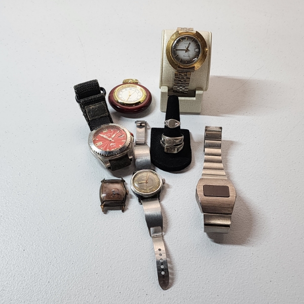Lot of Assorted, Mainly Men's, Wrist Watches, Silver-Tone Rings, & Pocket Watch