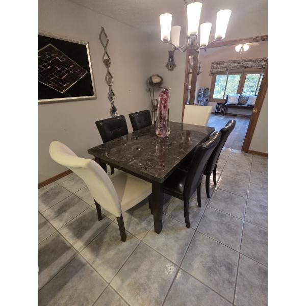 Elegant Six Chair, 38" Wide, 65" Long & 30" High Marble Look Top Dining Table