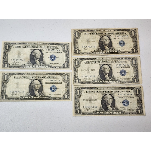 Lot of FIVE U.S. 1935-A Blue Seal Silver Certificates