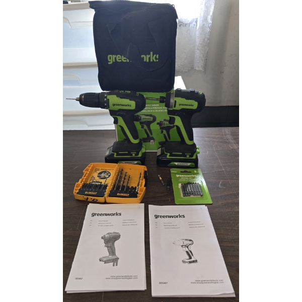 Green Works Drill and Impact Driver w/ Batteries, Screw Bits & Drill Bits and Charger