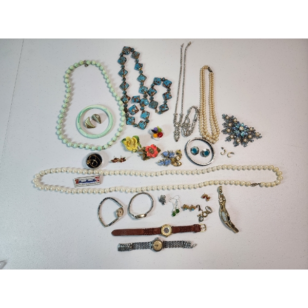 Assorted Costume Jewelry: Necklaces, Watches, Rings, Pins, Bracelets
