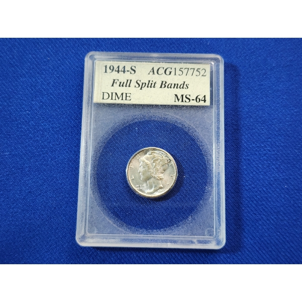 ACG MS 64 1944-S Mercury 90% Silver Dime Full Split Bands