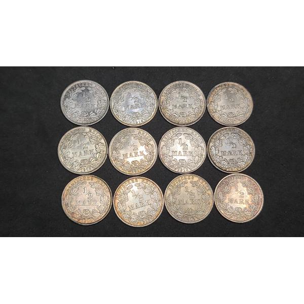 (12) Assorted Years & Mint Marks German 1/2 Mark 90% Silver Coins From The German Empire Era