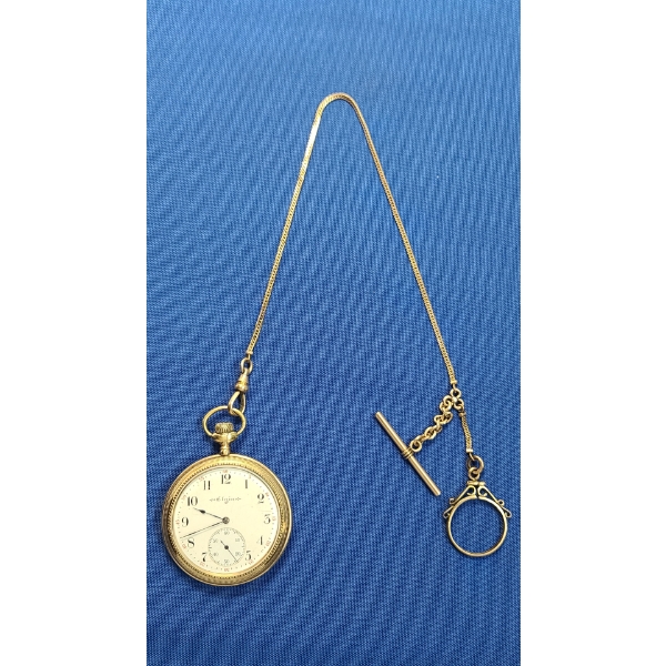 1904 Elgin Natl Watch Co 12s 12J Gold Filled Open Face Pocket Watch With Chain/Coin Holder - Working