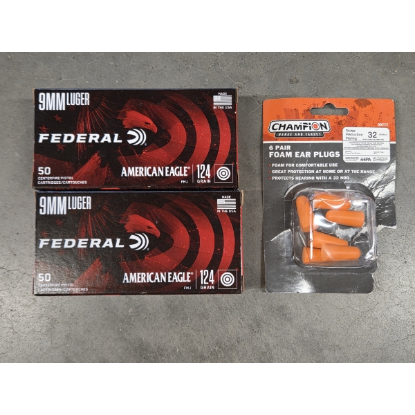 Two Boxes Of Federal American Eagle 9MM Luger 124 Grain FMJ Centerfire Pistol Cartridges & New Foam 