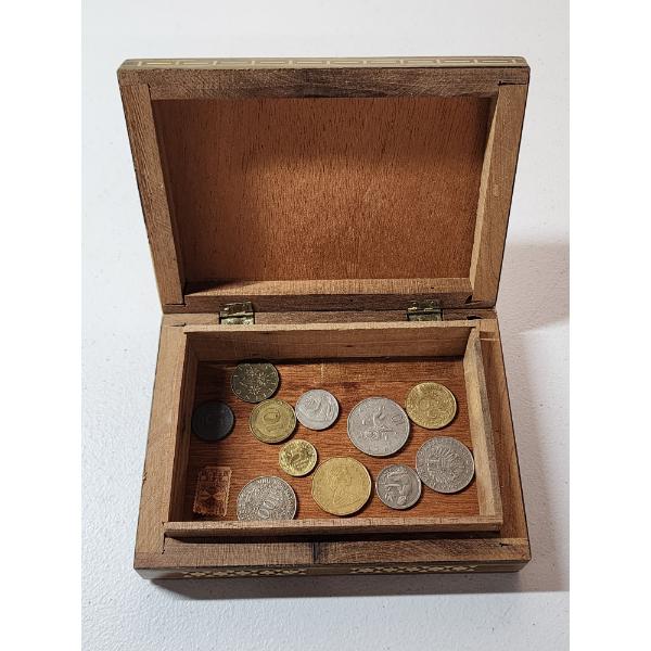 Unique Design Wooden Box with Assorted Foreign Coins and Stamp