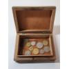 Image 1 : Unique Design Wooden Box with Assorted Foreign Coins and Stamp