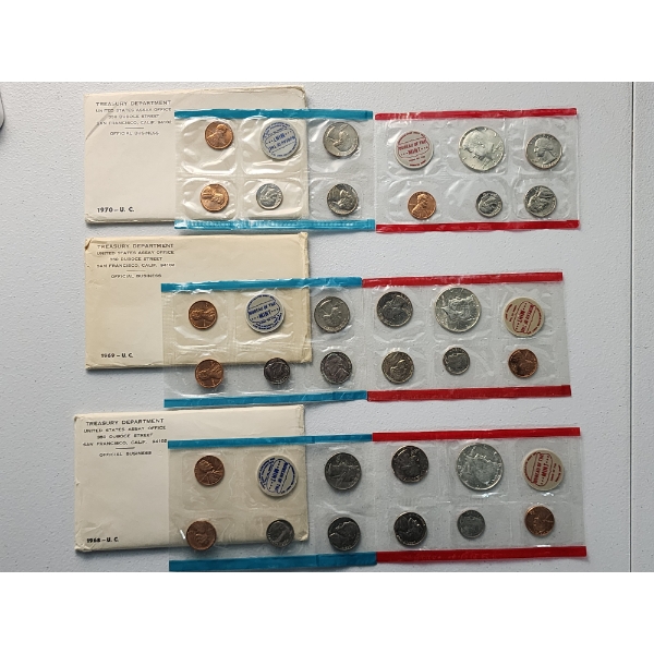 1968, 1969, 1970 United States Mint Uncirculated Coin Sets In Original Packaging