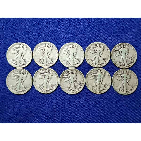 x10 Assorted Years 90% Silver Walking Liberty Half Dollars FV: $5.00