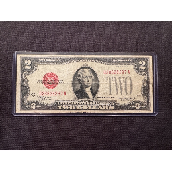 1928 United States Jefferson Red Seal Funny Back $2.00 Bill In Protective Holder