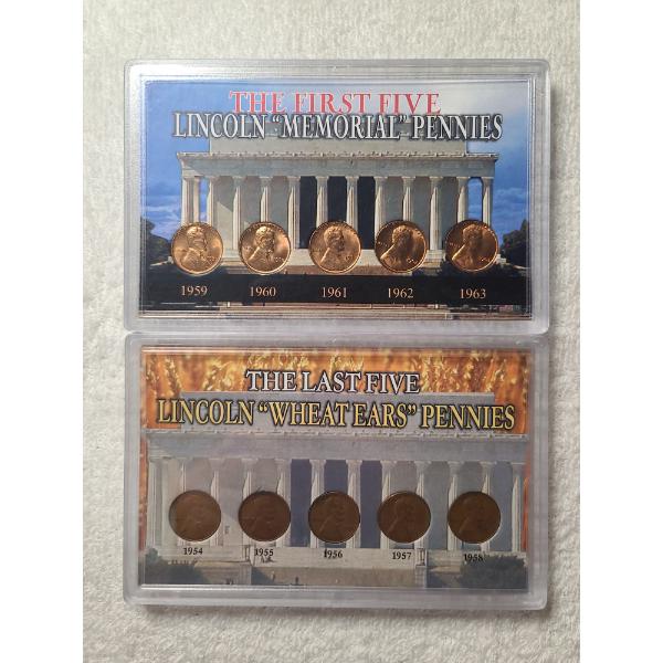 The Last Five Lincoln "Wheat Ears" Pennies & The First Five Lincoln "Memorial" Pennies Displays