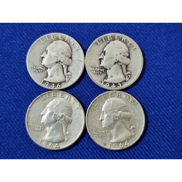 x4 Assorted Years U.S. 90% Silver Washington Quarters FV: $1.00