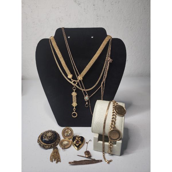 Lot of Assorted Gold-Filled / Gold-Plated Jewelry: Lockets, Pins, Necklaces, Bracelets