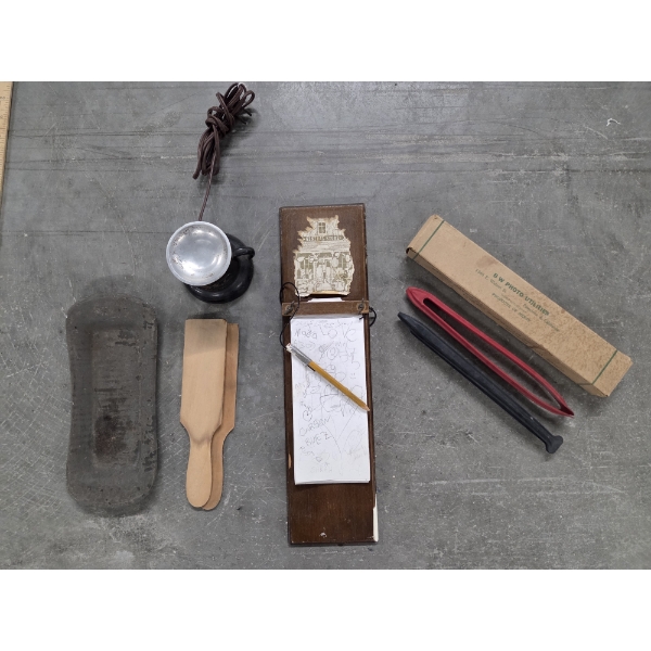 Vintage Collectable Group Including Electric Vaporizer, Wood Note Pad Holder, Photo Tongs And More