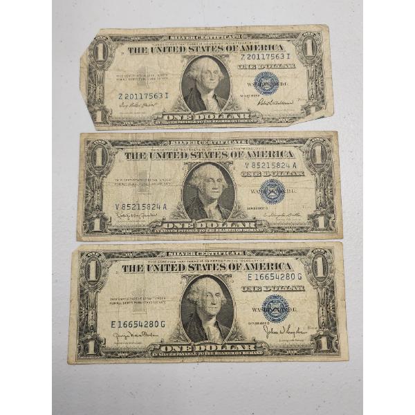 Three U.S. $1 Blue Seal Silver Certificates Series: 1935-F, 1957-B, 1935-D