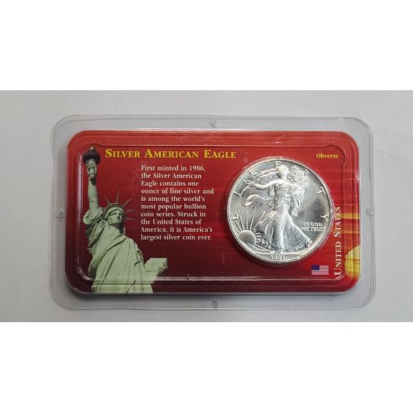 U.S 1991 Uncirculated 1 Troy Ounce 99.93% Fine Silver American Eagle Dollar In Display Card