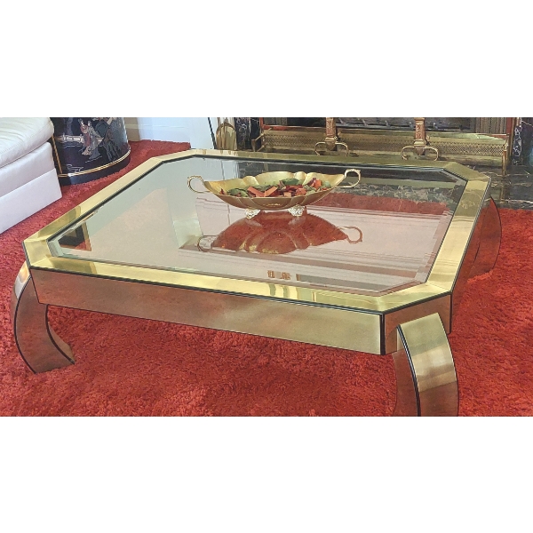 Asian Style Heavy Brass & Glass Center Coffee Table 52" x 42" In Perfect Cond - Brass Basket Incld'd
