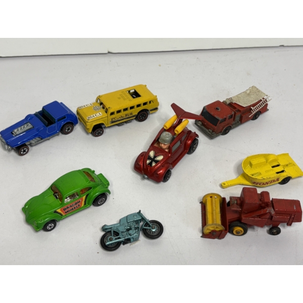 Matchbox Cars - 8 Total - Includes School Bux - Tractor - Honda - Firetruck - Etc.