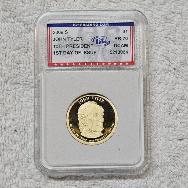 2009-S John Tyler Presidential Dollar Proof Coin certified as PR-70 Deep Cameo (DCAM) by IGS Grading