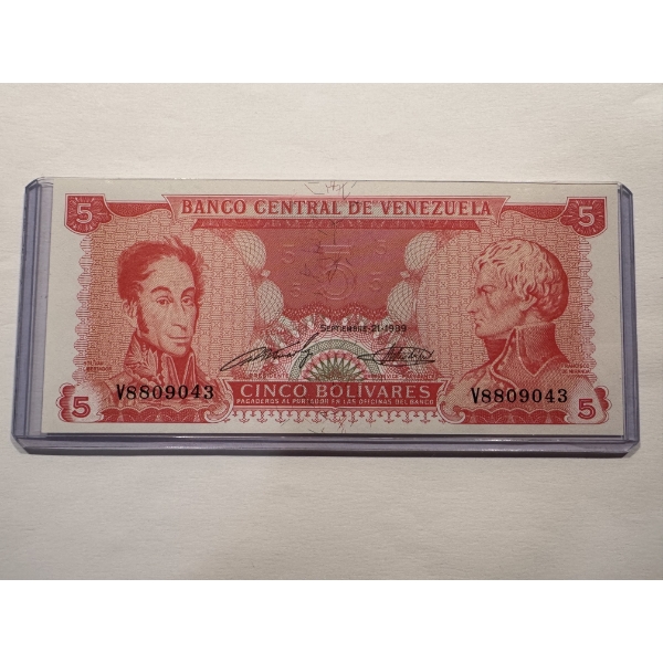 1989 Venezuela 5 Bolivares Banknote In Protective Holder - Central Bank of Venezuela - Mint 