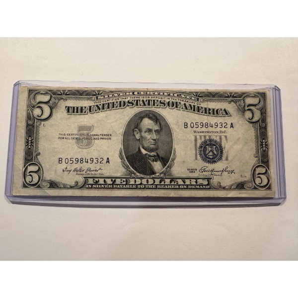 1953 United States Lincoln $5.00 Silver Certificate In Protective Holder - Great Note