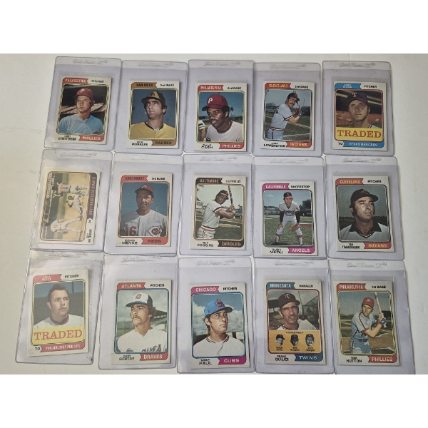 MINT 1974 TOPPS BASEBALL CARDS - 15 ASSORTED SLEEVED CARDS IN NEVER TOUCHED FRESH CONDITION 