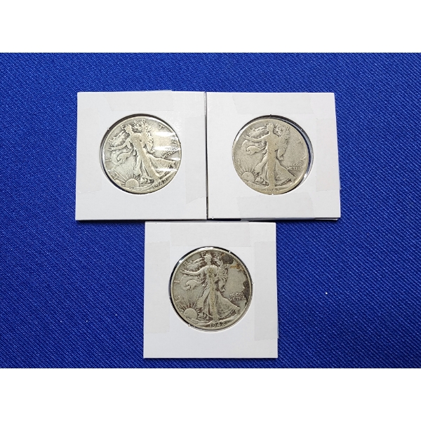 3 Walking Liberty Silver Half Dollars Years: 1942, 1943, 1942