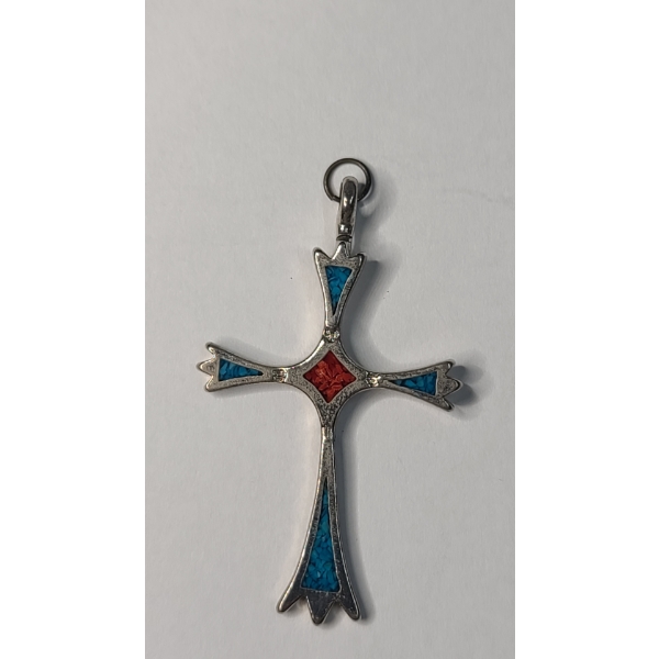 Vintage Southwestern-style Cross Pendant With Vibrant Turquoise & Red Coral Chip Inlay