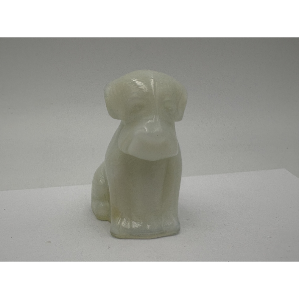 URANIUM Adorable Degenhart Glass Dog Figurine  - White with Fawn - ~2.5 inches ~ BRILLIANT GLOW!
