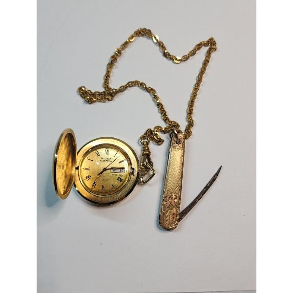 Vintage Bulova Accutron Quartz Dual-Day Pocket Watch on Chain With Detailed Watch Fob Pocket Knife