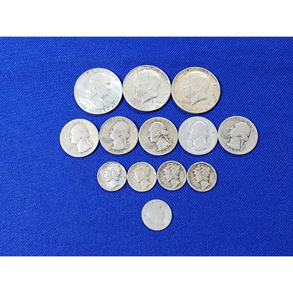 U.S. Silver Coins: Franklin & Kennedy 1/2's, Washington Quarters, Mercury & Barber Dime
