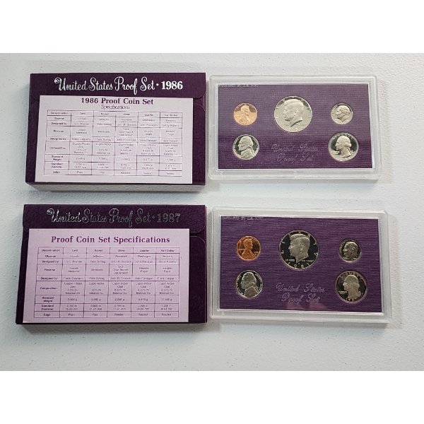 1986 and 1987 United States Mint Proof Sets In Original Packaging With CoA