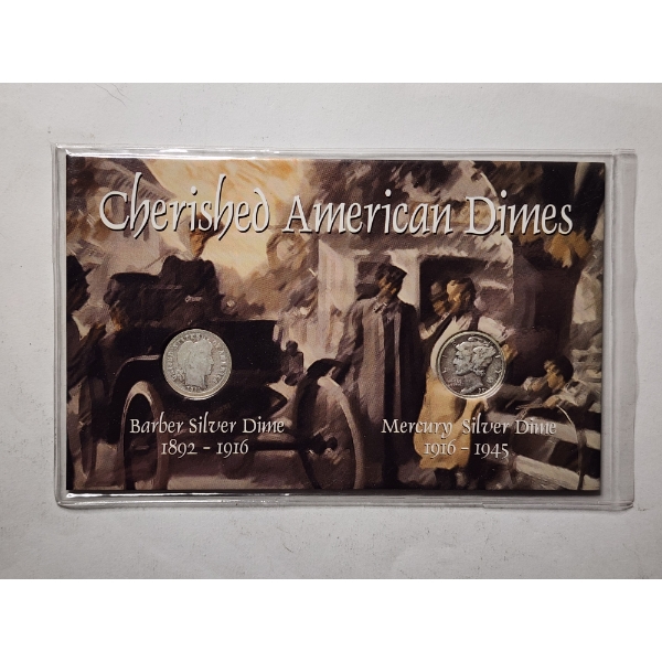 Cherished American Dimes Carded Display Featuring 90% SILVER 1911 Barber Dime & 1941 Mercury Dime!