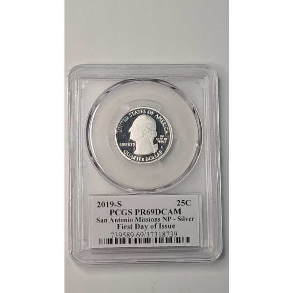 PCGS 2019-S PR69 DCAM San Antonio Missions NP .999 Fine Silver Quarter Signed By Thomas Cleveland 