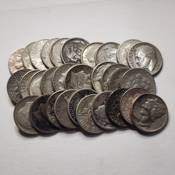 $3.00 Face Value in Assorted 90% Silver United States Dimes Ft. Mercury & Roosevelt Dimes