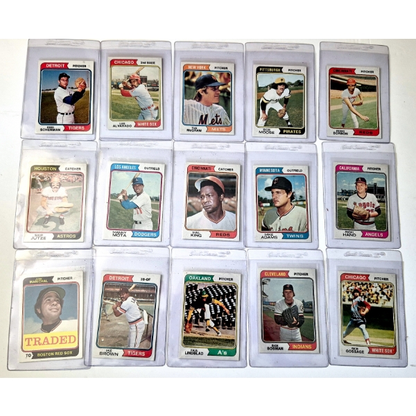 MINT 1974 TOPPS BASEBALL CARDS - 15 ASSORTED SLEEVED CARDS IN NEVER TOUCHED FRESH CONDITION 