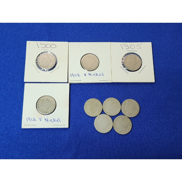 Lot of 9 Liberty Head "V" Nickels - Years: 1900, 1902, 1905, 1912, and (5) Unknown Years 1800's 