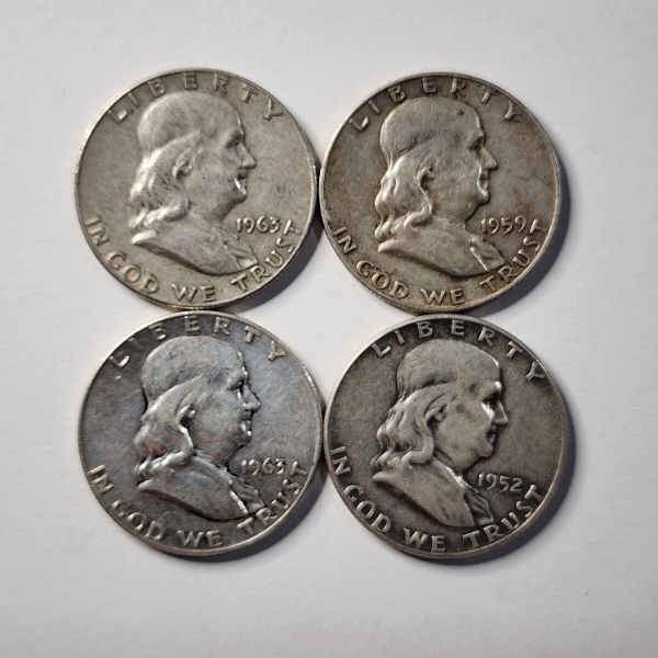 Four Assorted United States 90% Silver Franklin Half Dollars ~ $2.00 Face Value