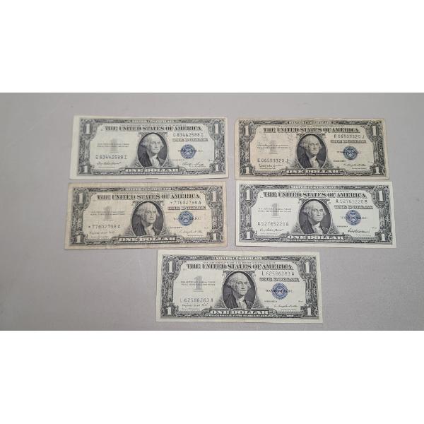 (5) $1 Silver Certificates - Series 1935 E, 1935 H, 1957, 1957 A - Face Value: $5.00