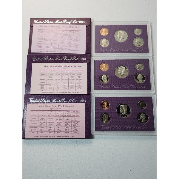 1991, 1992, & 1993 United States Mint Proof Sets With Original Packaging & COA