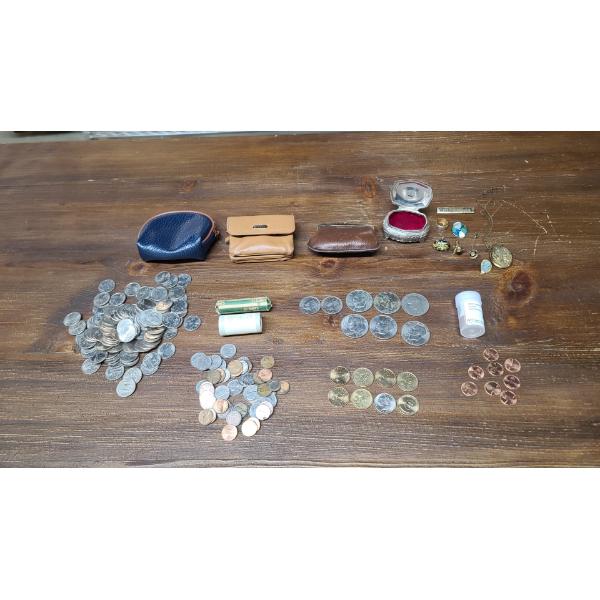 Large Lot Of Coins, Costume Pins, Cuff Links & Necklace, Coin Wallets & Trinket Box FV: $80.19
