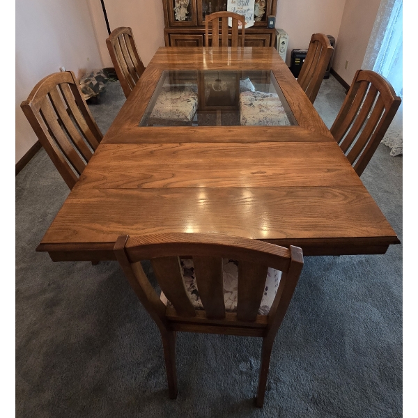 Solid Wood Dining Table w/ 6 Chairs - 90L x 45W - (2) 12" Leaves - Glass Center