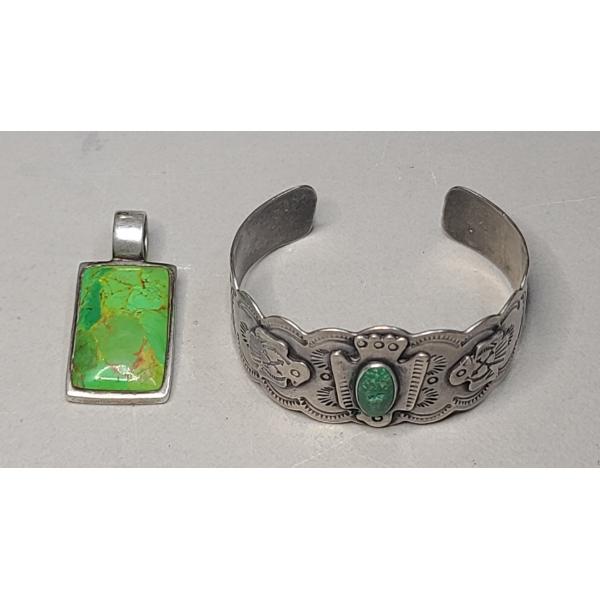 Sterling Silver Southwestern Style Cuff Bracelet & Pendant With Turquoise - Total Weight:  37.7g