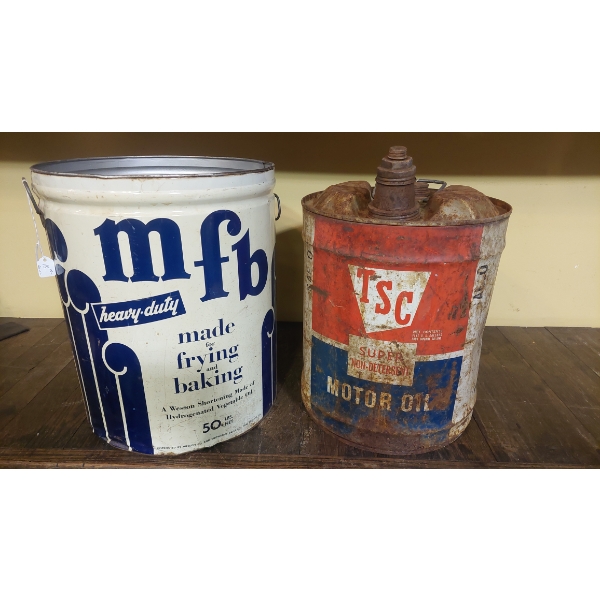 Set Of 2 Large Metal Tins - Motor Oil & Vegetable Oil - See Pics