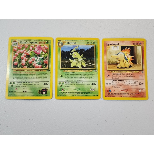Three Vintage Pokemon Cards: Erika's Ivysaur 42/132, Bayleef 29/111, & Cyndaquil 57/111