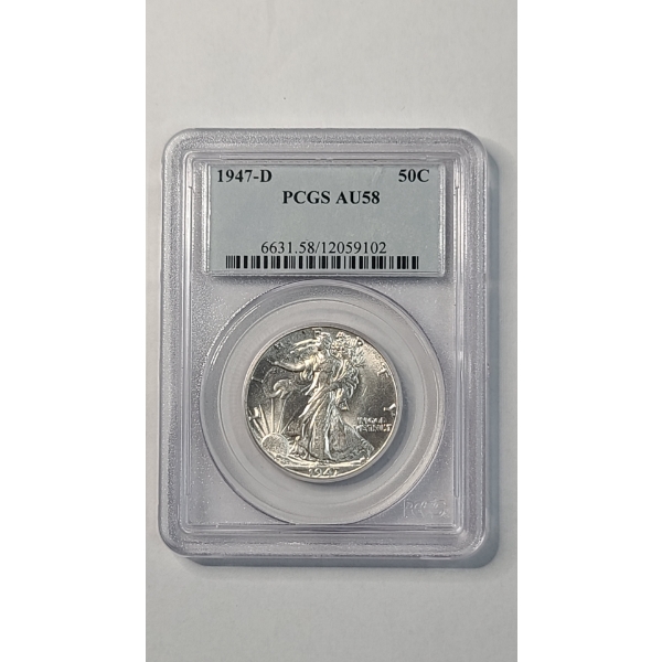 PCGS 1947-D AU58 Walking Liberty 90% Silver Half Dollar