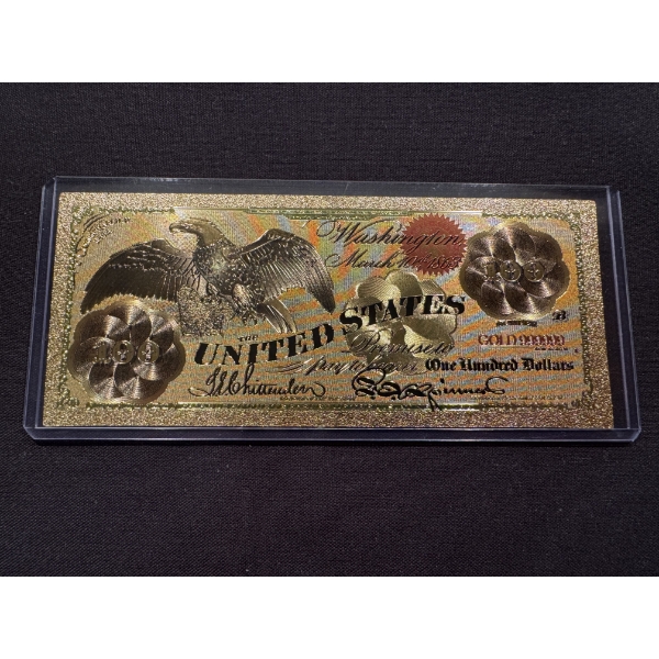 $100 Black Eagle Gold Foil .999999 - 24K Gold Note In Protective Holder - Mint Condition