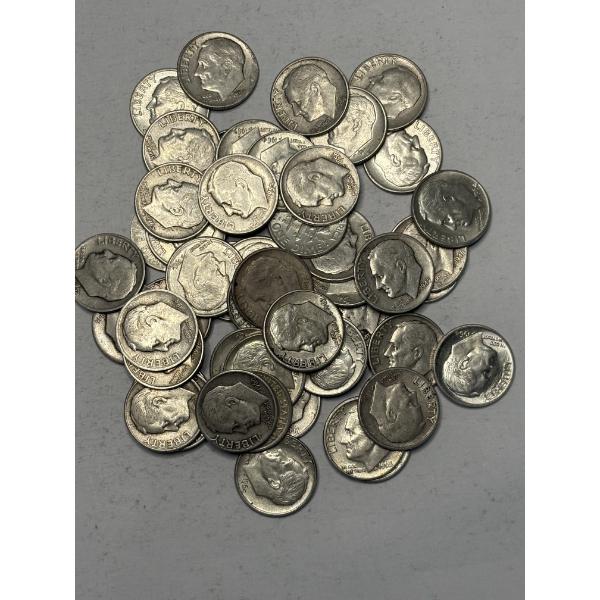 Lot of 50 90% Silver, Assorted Year, Roosevelt Dimes FV $5.00