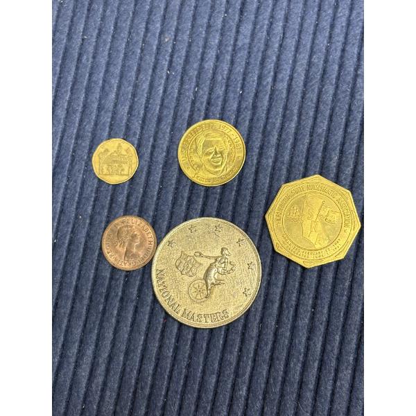 5 Tokens - National Masters AAU - Elizabeth II 1967 Half Penny- Sunoco James E. Carter 1977-1981 