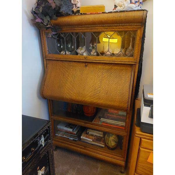 Antique Oak Combination Desk  /  Shelved Cabinet  With Unique Curved Drop  Down Door.  